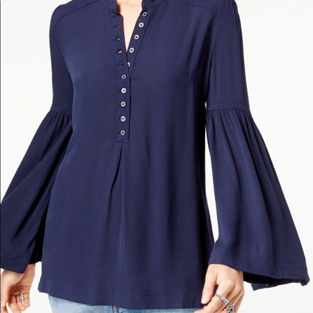 Free People Navy Blue Easy Girl Bell Sleeve Flowy Tunic Top Size XS